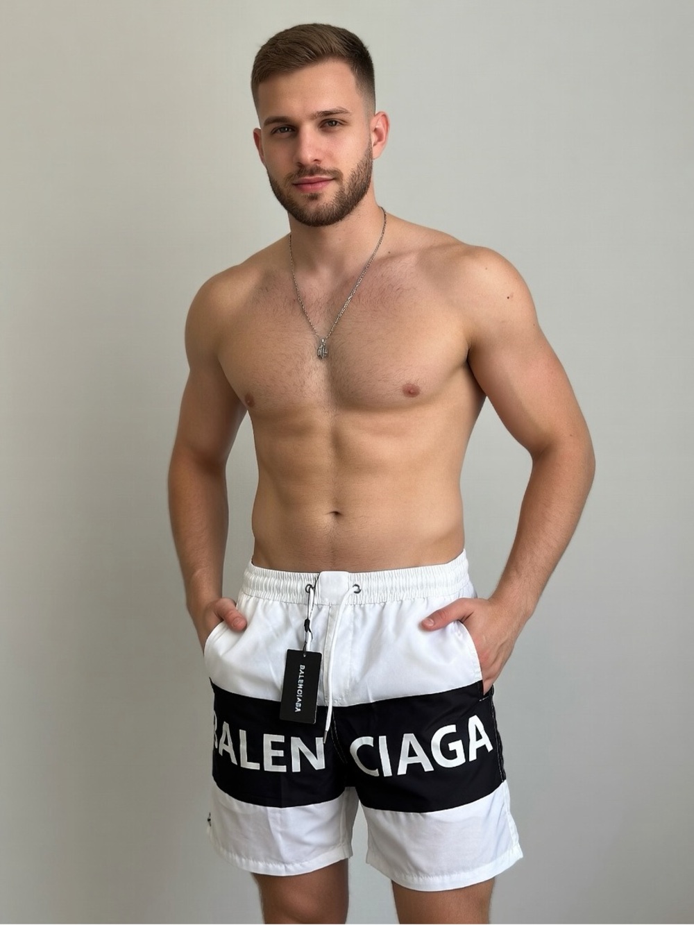 Balenciaga White Swim Trunks with Black Logo Band